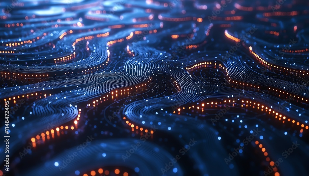 Poster ai and neural network circuits, complex digital pathways and connections, glowing lines representing