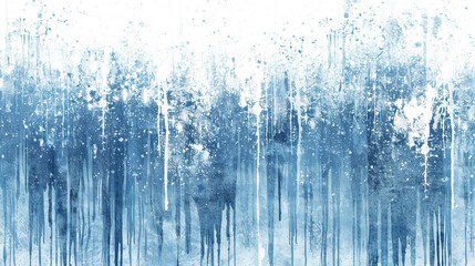A blue and white painting of trees with blue paint splatters. 