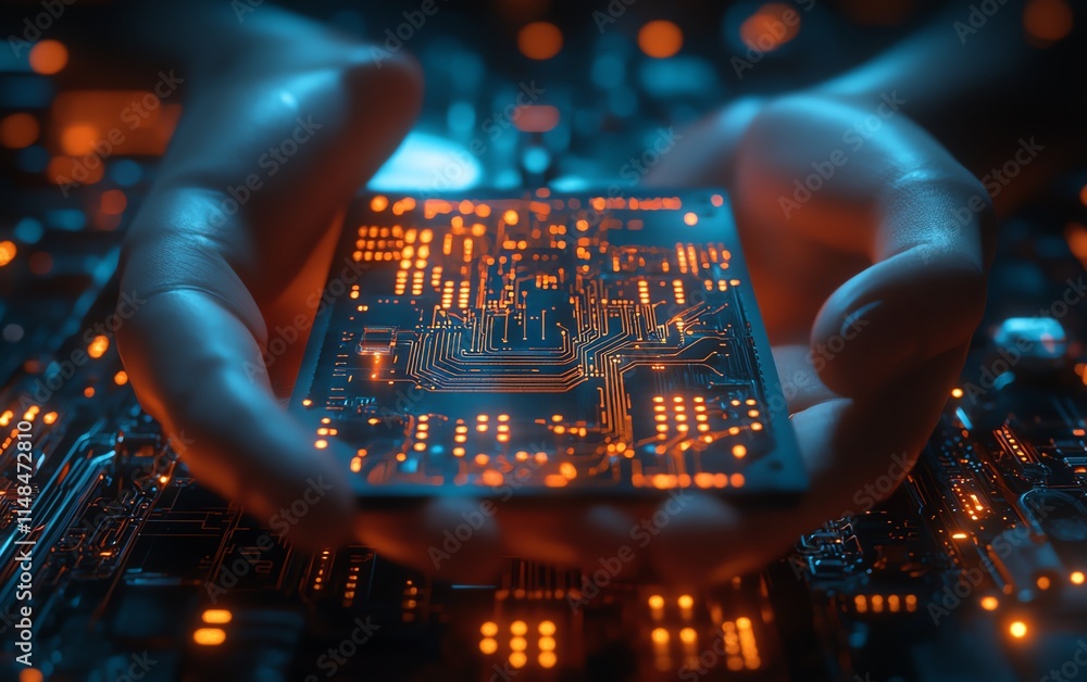 Poster ai processing board held by a person in a futuristic hightech lab, glowing with advanced technology,