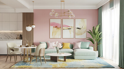 interior design mockup Modern apartment interior panorama 3d Spring Awakening Blush pink soft yellow mint sky blue Avantgarde