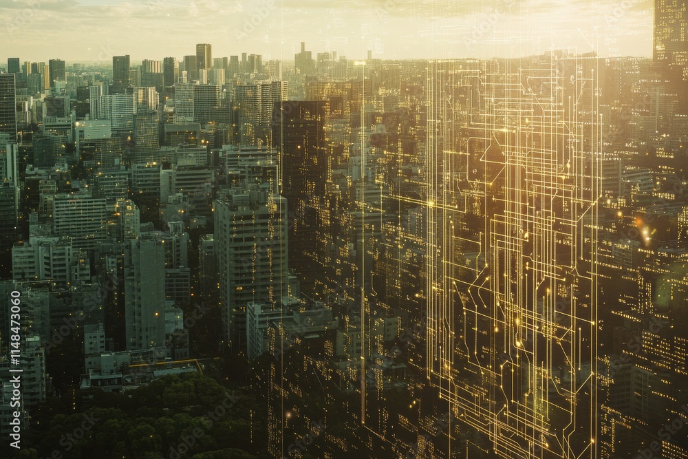 Fototapete cityscape reflecting the integration of artificial intelligence with a neural network overlay during