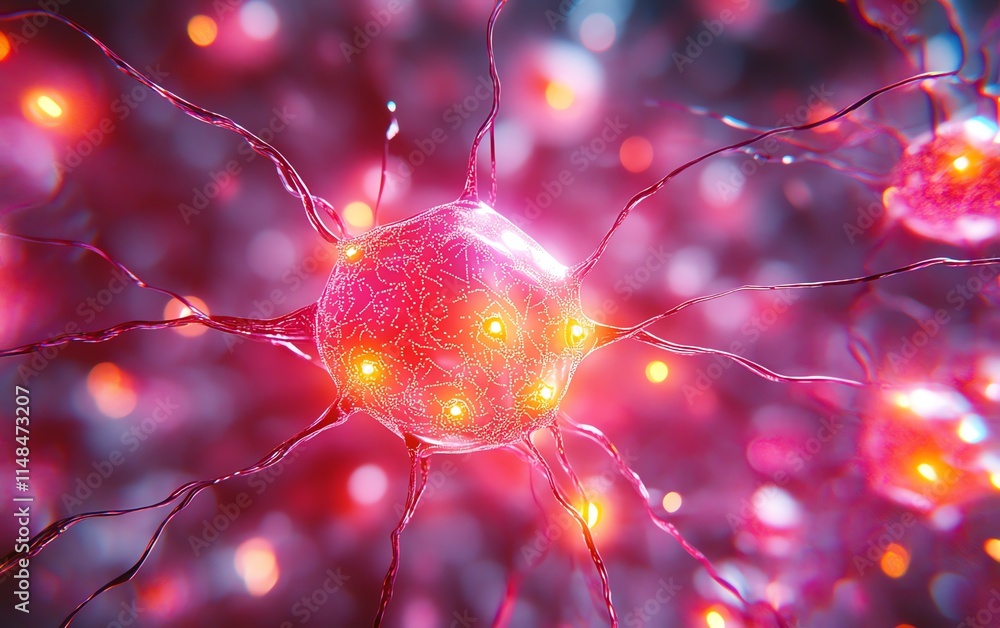 Poster artificial intelligence neural network concept, interconnected circuits and neurons firing with digi