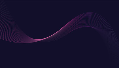 Dark abstract background featuring glowing, flowing wave lines in a modern purple-to-blue gradient. Futuristic design with shiny, smooth motion, perfect for technology-inspired visuals. Vector 