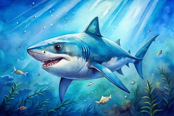Watercolor Shark Art Print, Ocean Animal Painting, Blue Shark Illustration, Underwater Wildlife Artwork, Marine Life Poster,  Whimsical Shark Design,  Sea Creature Painting