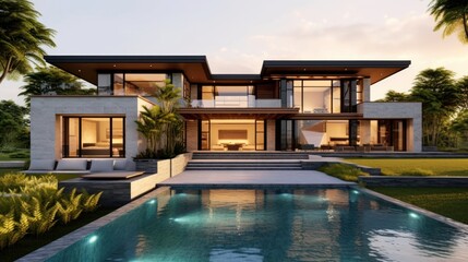 Fototapeta premium Modern Luxury Home with Infinity Pool and Lush Landscaping