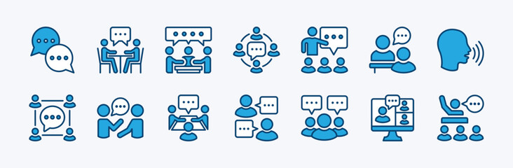 Set of communication icon vector. Containing speaking, speech bubble, talking, discussion, consultation, conversation, dialogue, advice, meeting, conference, opinion, debate, and teamwork illustration