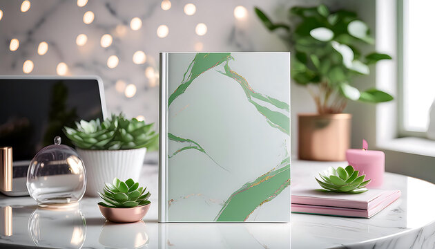 A striking white magazine cover mock-up stands prominently on a polished marble platform, surrounded by scattered confetti