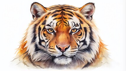 Obraz premium Watercolor Tiger Head, Hand Drawn Animal Portrait, Wildlife Art, Big Cat Illustration, Isolated Tiger Face, Bengal Tiger Painting, Jungle Animal Artwork