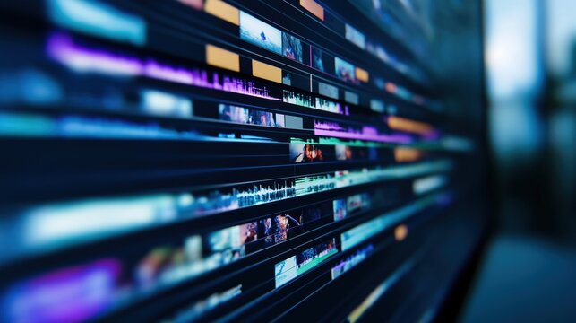 Computer screen displays vibrant video editing timeline. Organized clips, tracks for seamless video production. Pro digital workspace. Creative process. Multimedia content creation. Visual