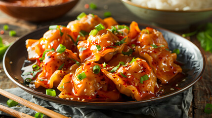 Steamed wontons in Chinese bowl with vibrant chili sauce, sesame oil, and scallions