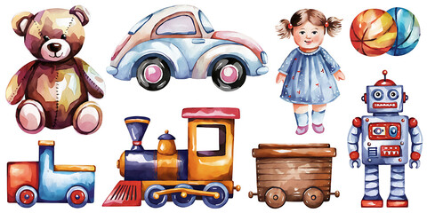 A watercolor style illustration of various toys isolated on a white background