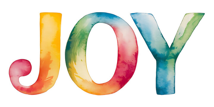 A watercolor-style illustration of the word "Joy" in large, curved letters