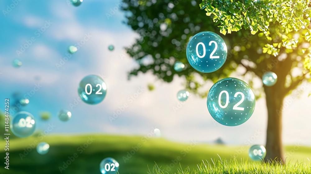 Poster oxygen bubbles with numbers float in a serene landscape with a tree under a bright sky.