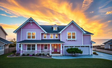 Front view of a newly constructed craftsman style lavender house with pink accents in a coastal area with ocean views ocean front property ocean property house home beach real estate