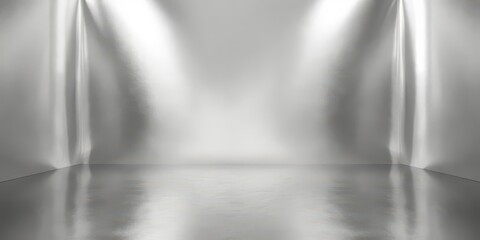Sleek silver abstract backdrop with reflective surface, ample empty space, reflection, header, smooth