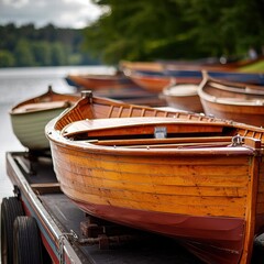 Colorful vintage boats lined up by the serene water.