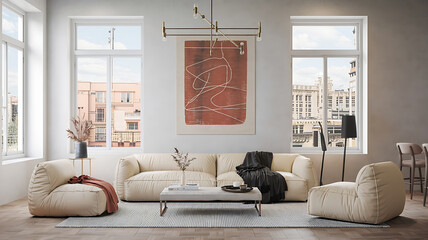 Modern beige living room with large windows and abstract art.
