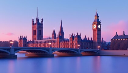 Fototapeta premium The Houses of Parliament line the riverbank, their details simplified. The minimalist style captures the timeless elegance of London, a captivating city bathed in the warm glow of dusk