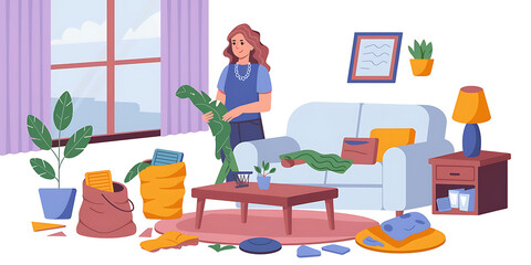 An illustration of a room undergoing spring cleaning