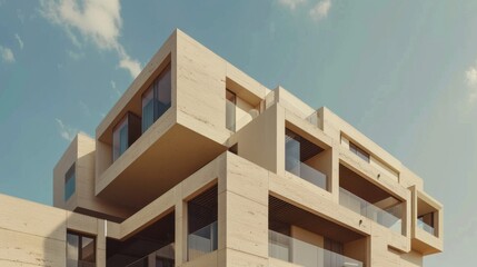 Fototapeta premium Modern architectural masterpiece showcasing innovative design and sustainable materials under a clear blue sky