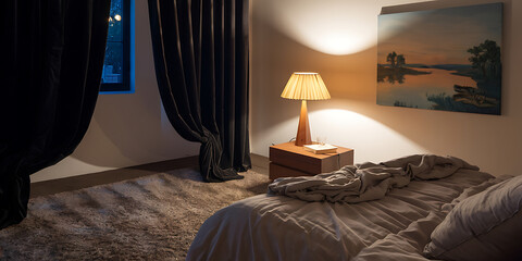A bedroom with blackout curtains drawn