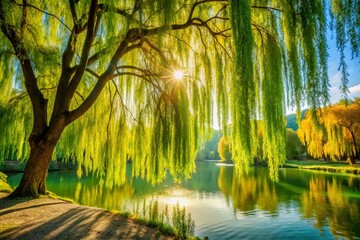 Obraz premium Weeping Willow Tree, Elegant Willow Branches, Willow Photography, Willow Tree Landscape, Spring Willow, Willow Silhouette, Nature Willow, Willow Background, Willow Image
