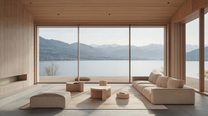 Minimalist Wooden Lake House Living Room Design