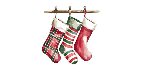 A watercolor style illustration of hanging stockings