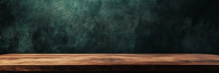 Luxurious wooden table texture with realistic wood grain contrasting with elegant dark green patterned wall