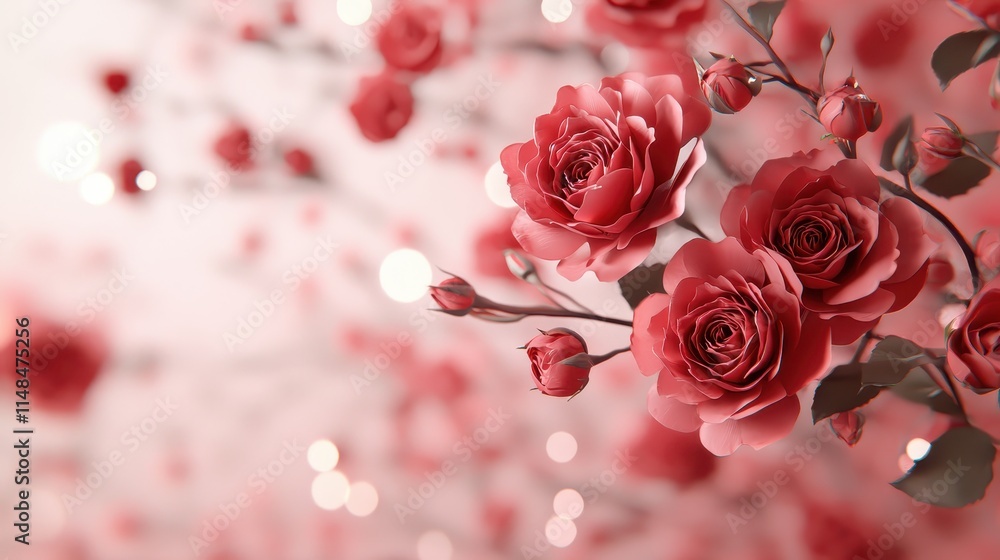 Poster beautiful red roses in bloom with soft focus and bokeh background highlights