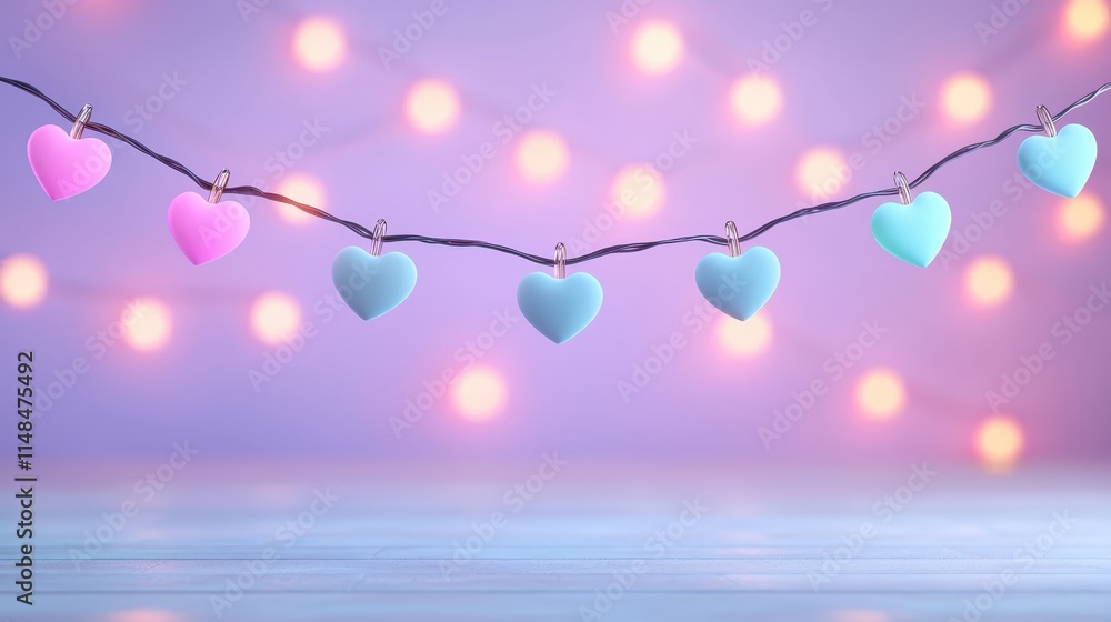 Poster cute heart shaped lights on a string against a soft blurred background
