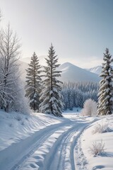 snowy road with trees and snow covered mountains in the background