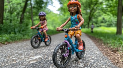 Naklejka premium Dolls Riding Bikes On A Nature Trail