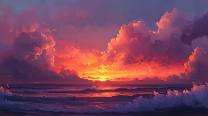 Naklejka premium Vibrant Sunset Over Ocean Waves Dramatic Cloudscape