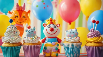 Colorful carnival theme with funny clowns, balloons shaped like animals, and cupcakes with sprinkles over a striped, festive backdrop.