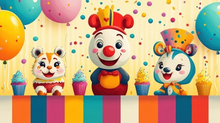 Colorful carnival theme with funny clowns, balloons shaped like animals, and cupcakes with sprinkles over a striped, festive backdrop.