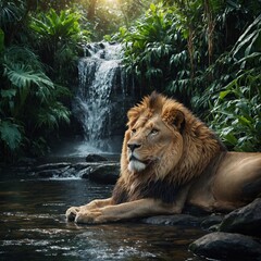 Obraz premium A lion resting by a sparkling waterfall in a lush tropical jungle.