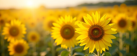 Obraz premium Sun-kissed sunflowers bask in the golden hour's glow, a breathtaking summer spectacle of nature's vibrant artistry.