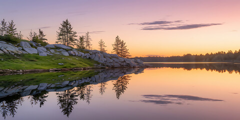 Obraz premium A serene landscape of a calm lake reflecting the sky during a sunset