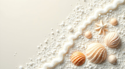 Seashells nestled on textured white sand, adorned with creamy swirls and delicate pearls; a serene beach scene.
