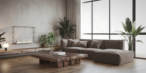 A minimalist interior design of a modern living room with a rustic barn wood coffee table near a corner sofa
