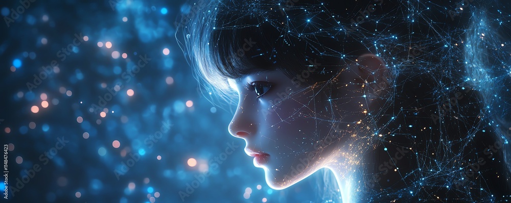 Poster futuristic concept of artificial intelligence with neural network circuits, glowing data nodes, intr