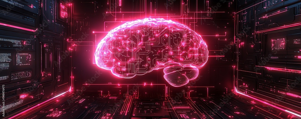 Poster futuristic concept of artificial intelligence with neural network circuits, glowing data nodes, intr