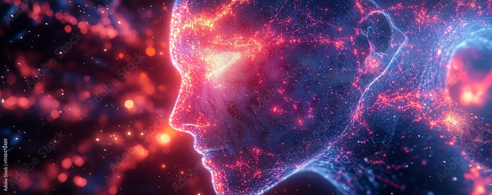 Poster futuristic concept of artificial intelligence with neural network circuits, glowing data nodes, intr