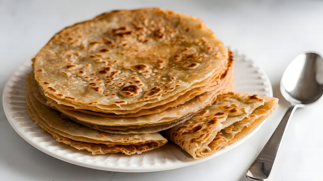 A photo of a stack of parathas on a white plate.