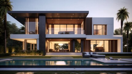 Fototapeta premium Modern Two Story House With Pool And Landscaping