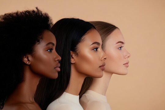 Diverse women showcasing beauty and uniqueness with natural profiles in a neutral setting