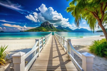 Obraz premium White Wooden Path to Pristine Beach: Architectural Photography of Blue Sea, White Sand, Mountain Scenery