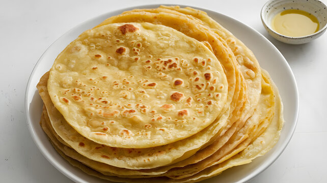 A photo of a pile of golden parathas on a white plate.