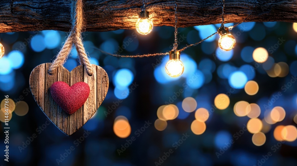 Aufkleber romantic heart decor with string lights and soft bokeh background at dusk
